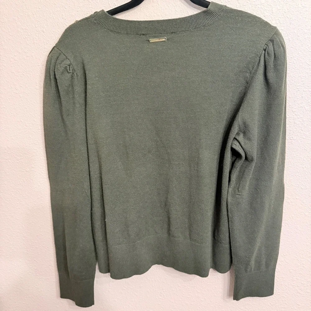 Michael Kors Womens XL Olive Green Puff Sleeve Button Shoulder Crewneck Sweater
